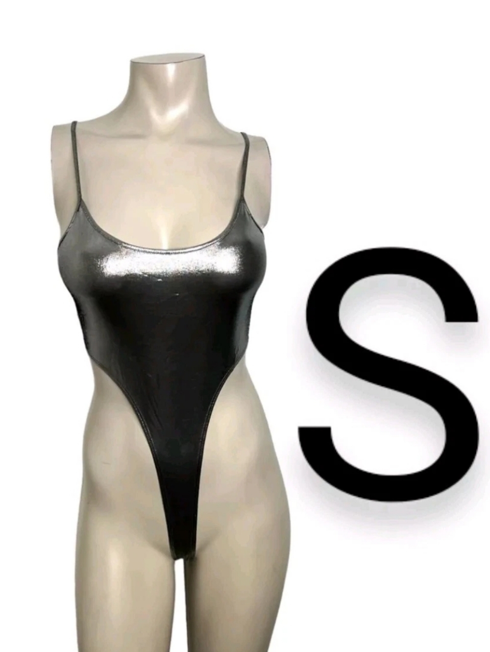 🆕Metallic Silver Grey Charcoal Sexy Thong Bodysuit~Size S